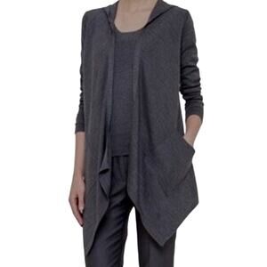 Akris Charcoal Silk Knit Hooded Waterfall Cardigan size US 4 Shark tooth Hem